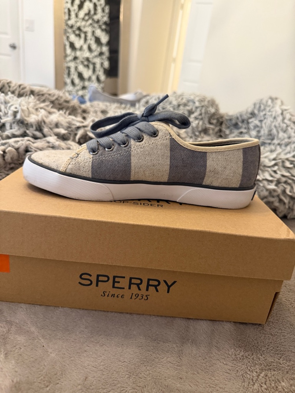 Sperry Gray and Cream Striped Canvas Sneaker